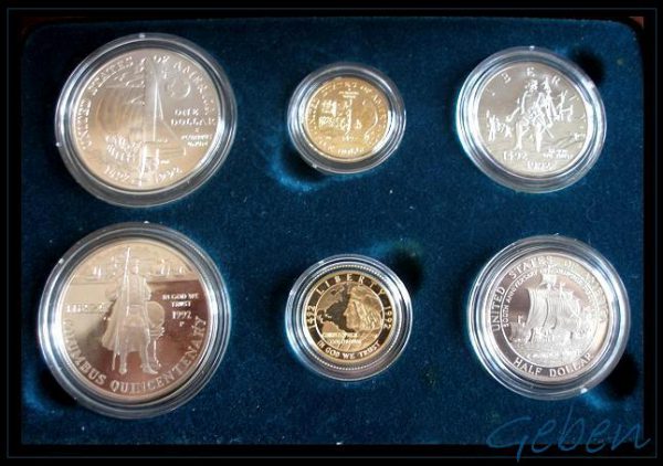Zlaté 5 Dollary v luxusní sadě 6 mincí Columbus 500. výročí USA 1992