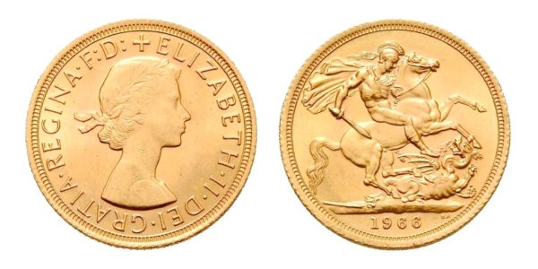 1 Sovereign - Libra 1966 - Královna Alžběta II. / sv. Jiří