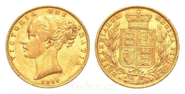 Sovereign 1861 Victoria Shield Vzácný - přeražba 0 na O
