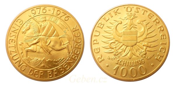 Nádherná zlatá mince - 1000 Schilling 1976 - Babenberger