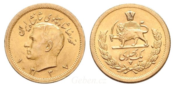 Zlatá íránská mince 1 PAHLAVI 1337 (۱۳۳۷) - 1958 Šáh Mohammad Reza Pahlaví - Vzácné