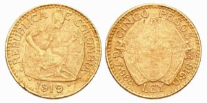 Vzácná kolumbijská zlatá  mince 5 Pesos   -  originál z roku 1919