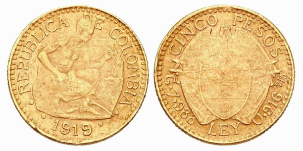 Vzácná kolumbijská zlatá  mince 5 Pesos   -  originál z roku 1919