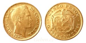 Vzácná kolumbijská zlatá  mince 5 Pesos 1920 A !  -  originál z roku 1919