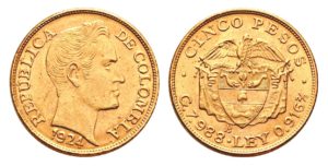 Vzácná kolumbijská zlatá  mince 5 Pesos 1924 B ! LIBRA - Simón Bolívar - KOLUMBIE