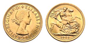 Nádherná zlatá mince  -  Sovereign / Libra 1965 Královna Alžběta II. / sv. Jiří