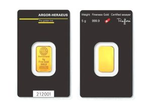 Zlatý slitek 5 g Argor Heraeus - Investiční zlato Švýcarsko