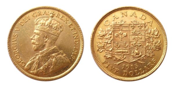 5 Dollars 1913 KANADA - Král Jiří V. - Vzácný