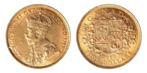 5 Dollars 1913 ! KANADA - Král Jiří V. Vzácný - ICCS AU-58