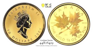 10 Dollars Maple Leaf 2001 Velmi vzácné - TOP stav PCGS MS 69 !