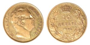 10 Dinar 1882 V minc. Vídeň – Král Milan Obrenovič A. Scharff