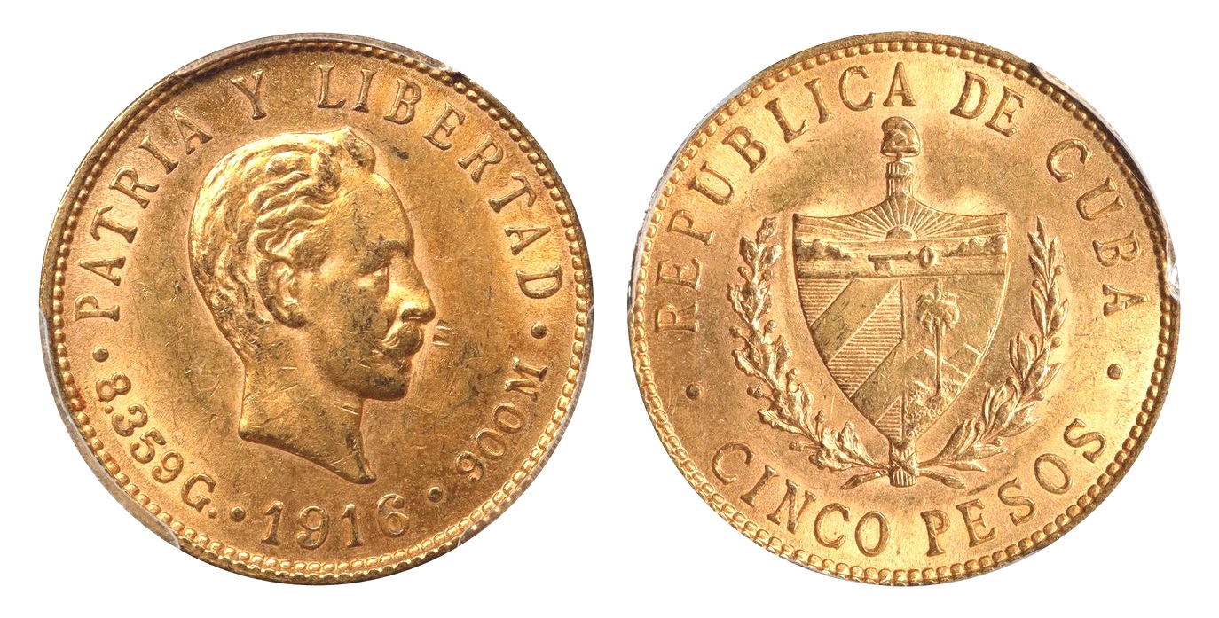 5 Pesos 1916 CUBA - Nádherné PCGS MS 62 !