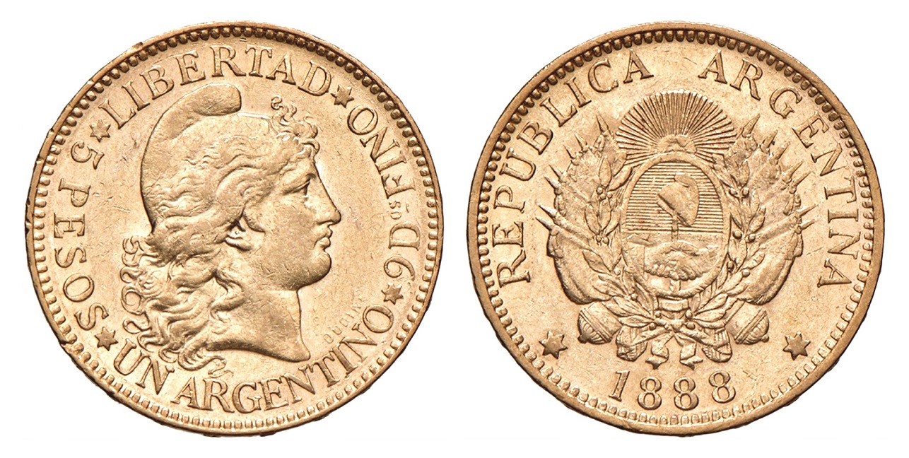 Argentino 5 Pesos 1888 ! Libertad - Vzácné