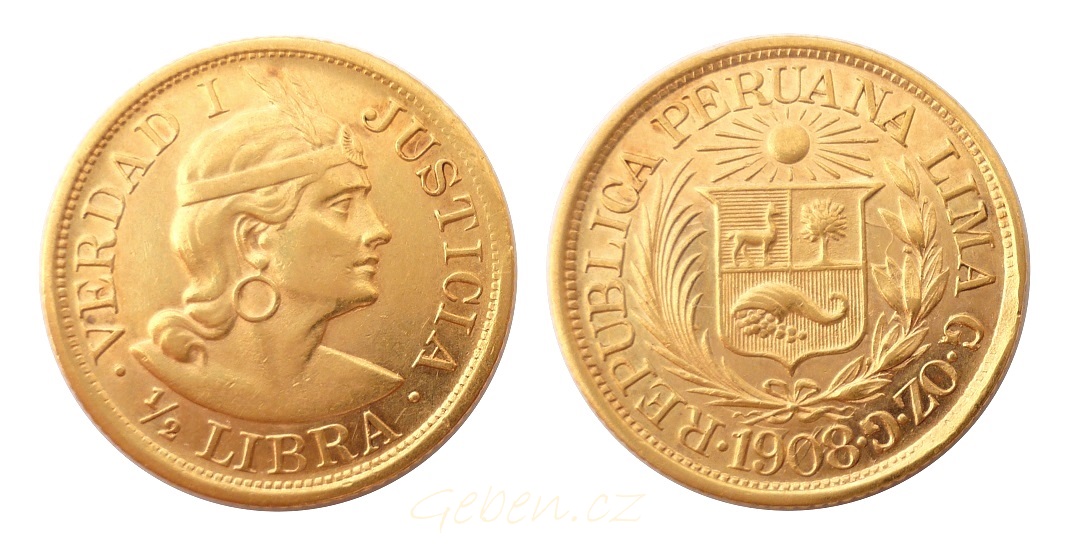 1/2 LIBRA 1908 Peru INDIAN – Vzácná ! R