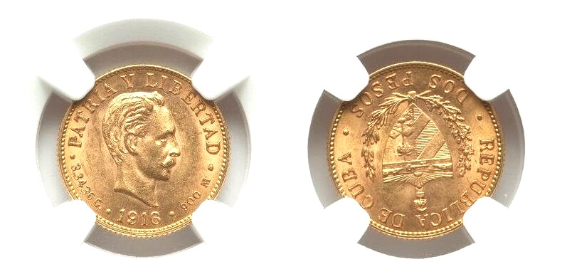 2 Pesos 1916 CUBA Vzácné Nádherné . NGC MS-62