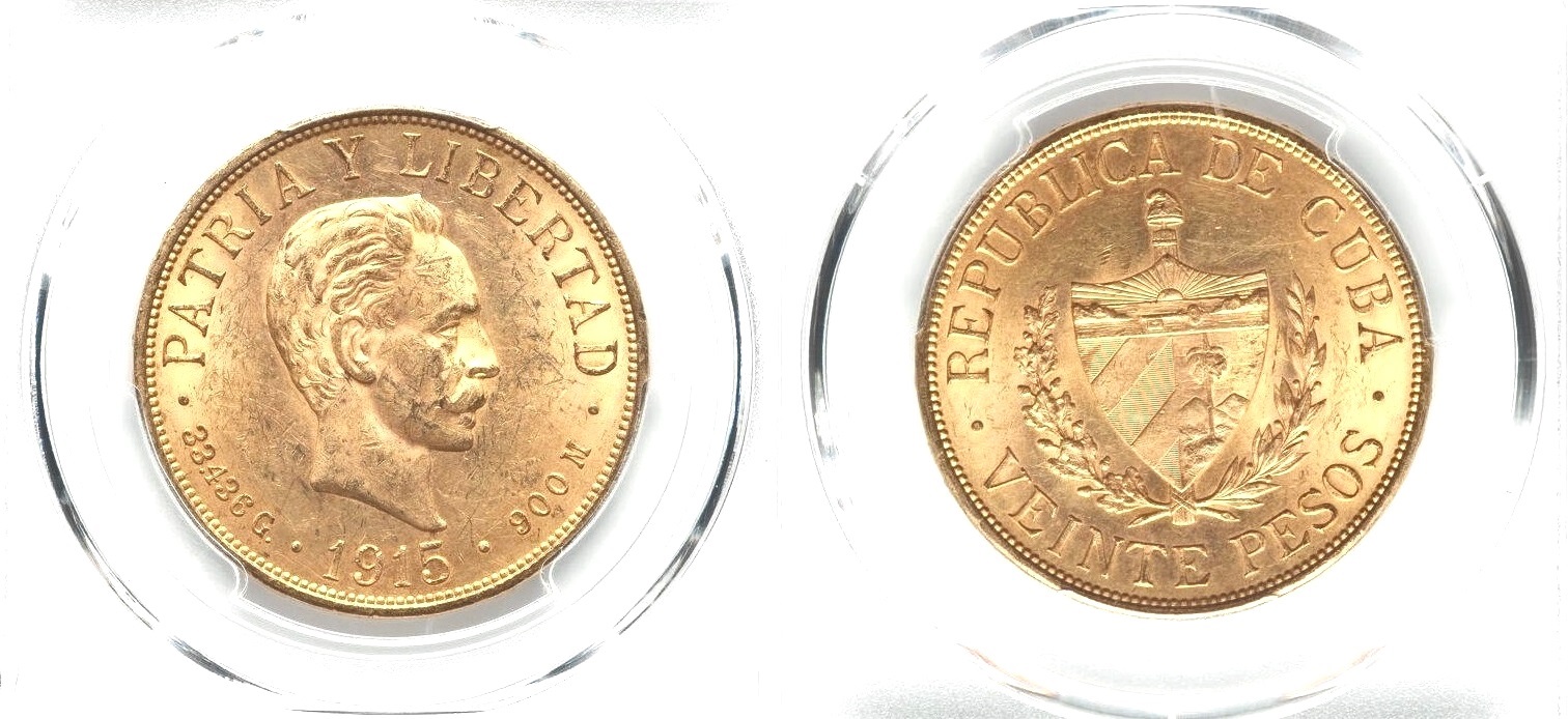20 Pesos 1915 CUBA - Nádherné PCGS MS 62