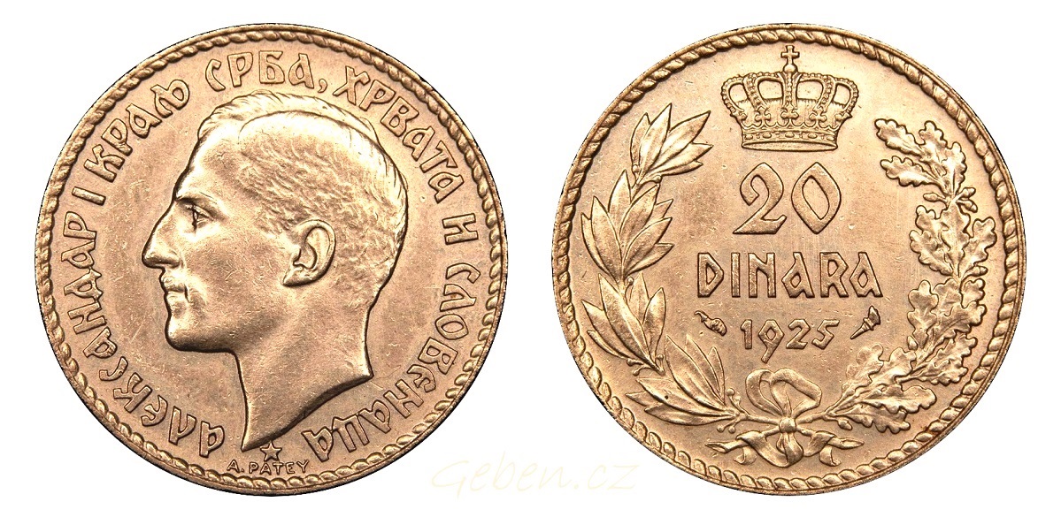 20 Dinar 1925 Král Alexandar I. Jugoslávie - Vzácný a nádherný