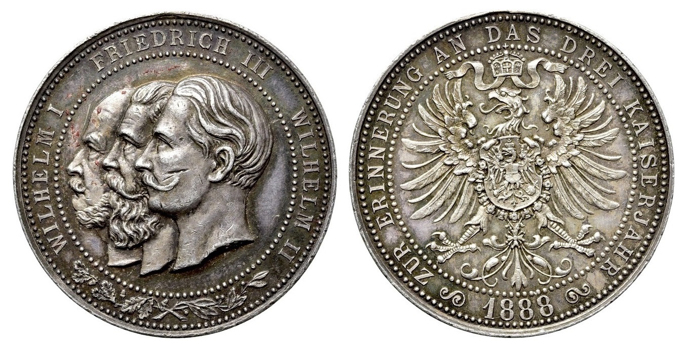 Stříbrná medaile na památku roku tří císařů 1888 - Wilhelm I. Friedrich III. Wilhelm II. - PRUSKO