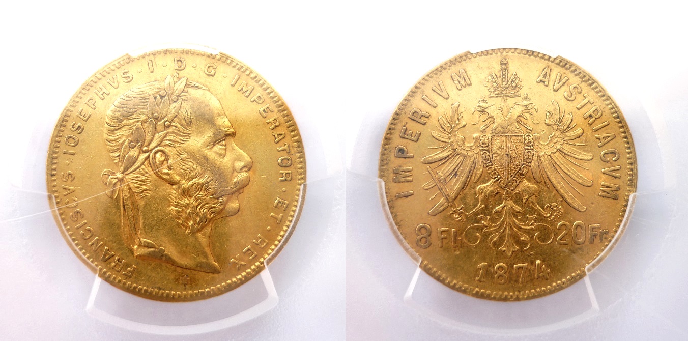 Fr. Josef I. 8 Zlatník - 8 Gulden 1874 Vzácný - certifikace PCGS