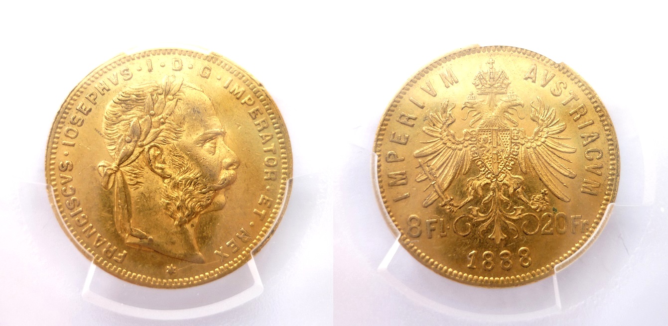 8 Zlatník - 8 Gulden 1888 - certifikace PCGS