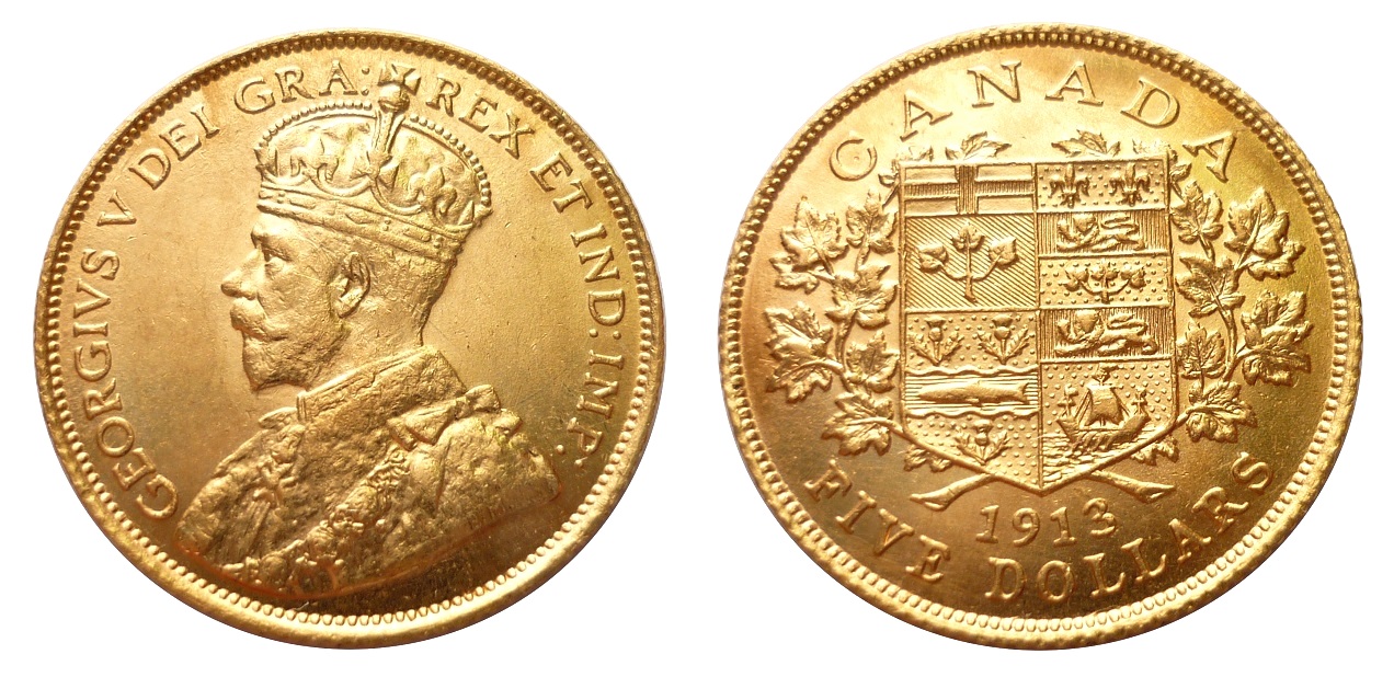 5 Dollars 1913 ! KANADA - Král Jiří V. Vzácný - Nádherný