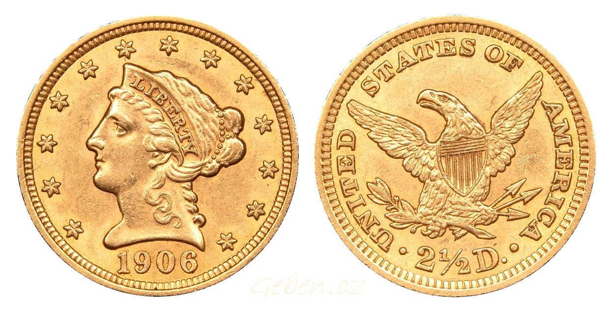 2 1/2 Dollar 1906 LIBERTY Coronet Head - Quarter Eagle. Nádherný vzácnější