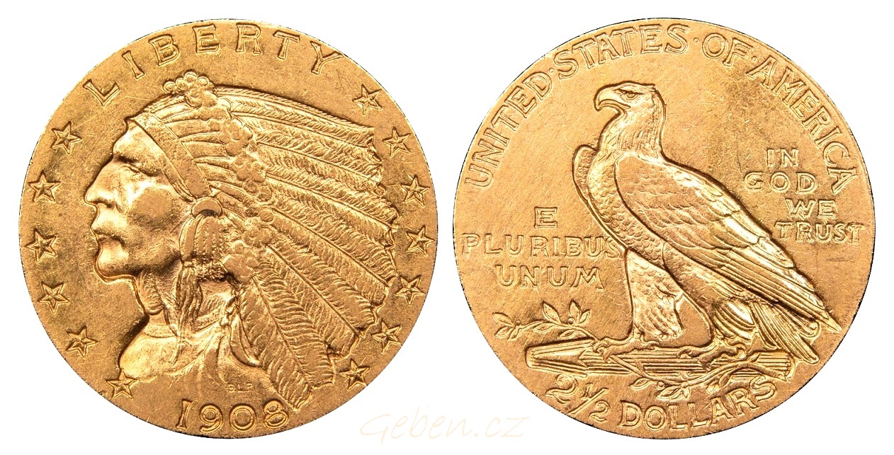 2 1/2 Dollars 1908 První ročník - Indian Head / Quarter Eagle - Nádherný