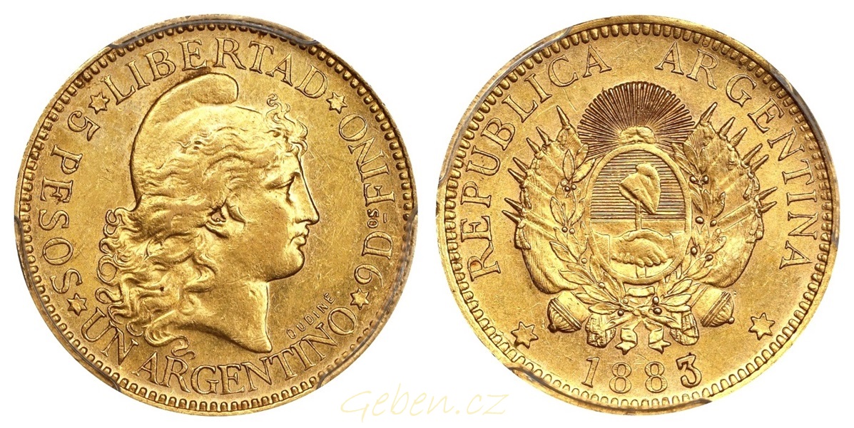 Argentino 5 Pesos 1883 ! Libertad - Vzácné
