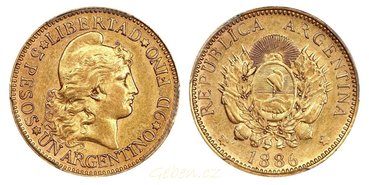 Argentino 5 Pesos 1886 ! Libertad - Vzácné
