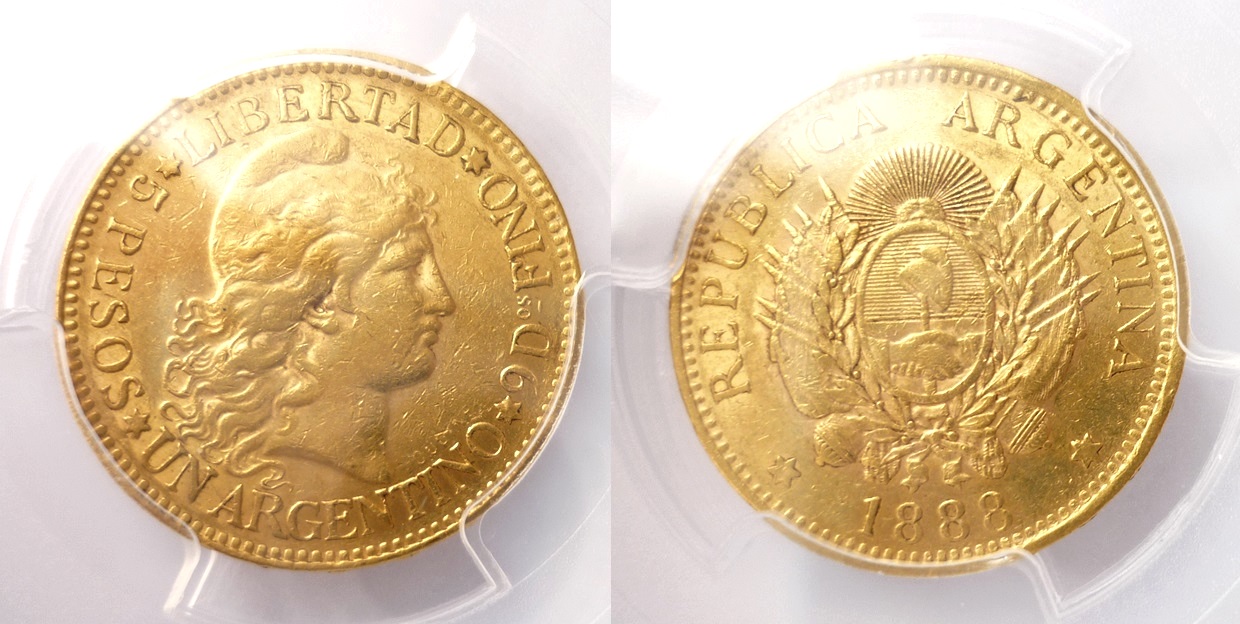 Argentino 5 Pesos 1888 ! Libertad - PCGS certifikace