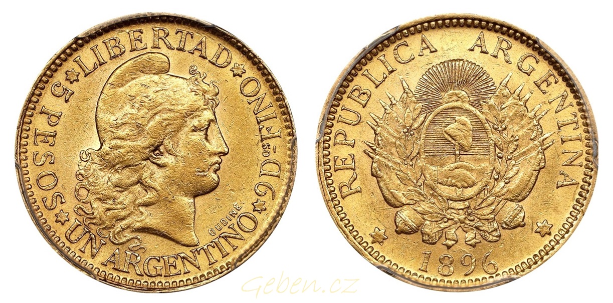 Argentino 5 Pesos 1896 ! Libertad - Vzácný ročník