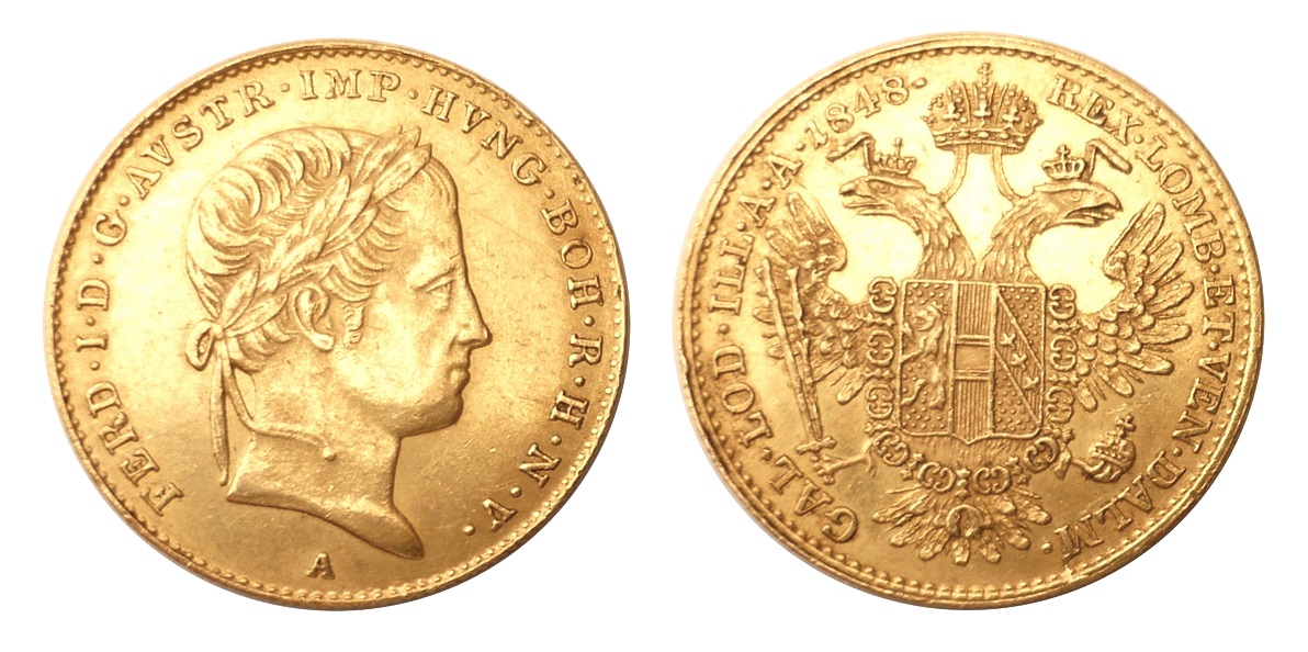 Zlatý dukát - Ferdinand V. Vzácný originál z roku 1848 A - Mincovna Vídeň