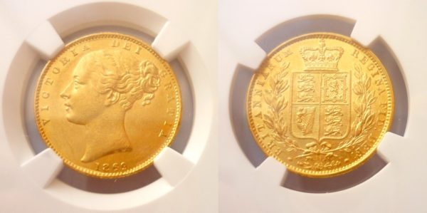 Sovereign 1869 Victoria Young Head Shield č. 16 - NGC MS 61