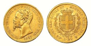 20 LIRA 1857 B Vittorio Emanuele II. Král Sardinie