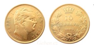 Zlatá mince 10 Dinara 1882 - Král Milan Obrenovič - minc. Vídeň