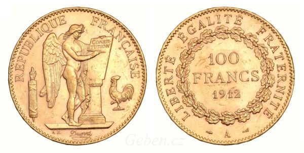 Velká zlatá mince  -  100 Frank 1912 A - III. Republika - Genius