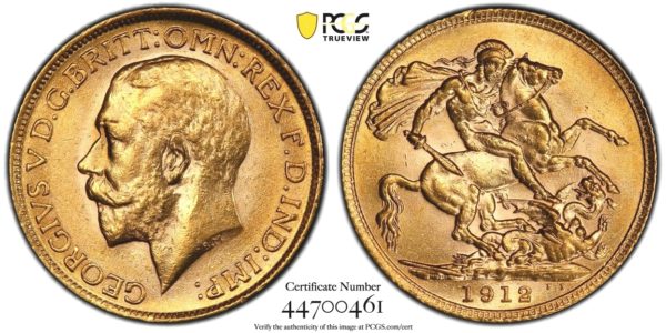 Sovereign 1912 London Král Jiří - Nádherný PCGS MS 62 !