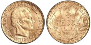 5 Pesos 1930 ! Uruguay Centenario 1830 - 1930 Artigas