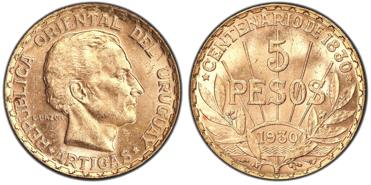 5 Pesos 1930 ! Uruguay Centenario 1830 - 1930 Artigas