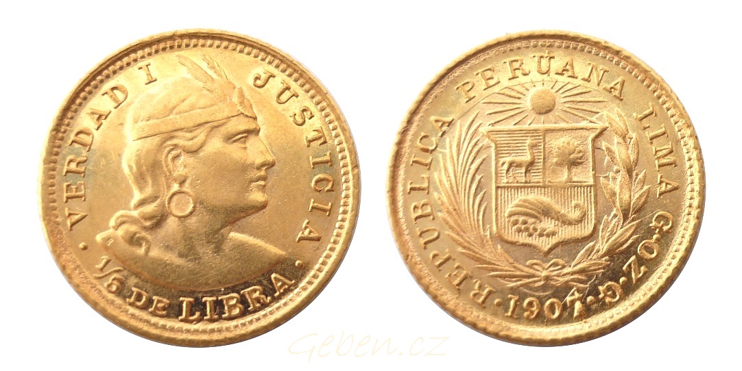1/5 LIBRA 1907 Peru INDIAN – Vzácná !