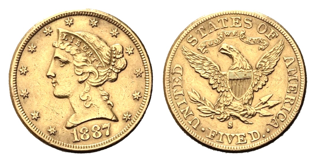 5 Dollars 1887 S - LIBERTY Head / Half Eagle