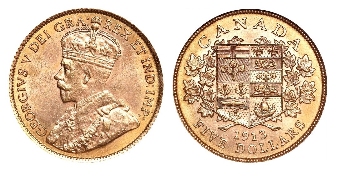 5 Dollars 1913 ! KANADA - Král Jiří V. Vzácný - MS 63