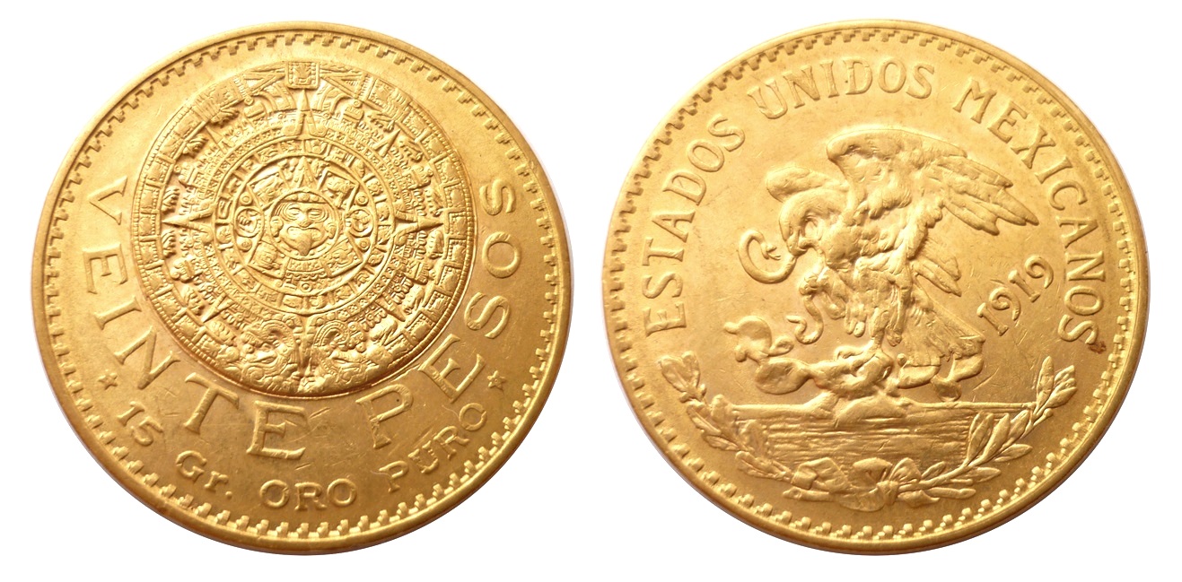 20 Pesos 1919 ! Mexico – Aztécký kalendář