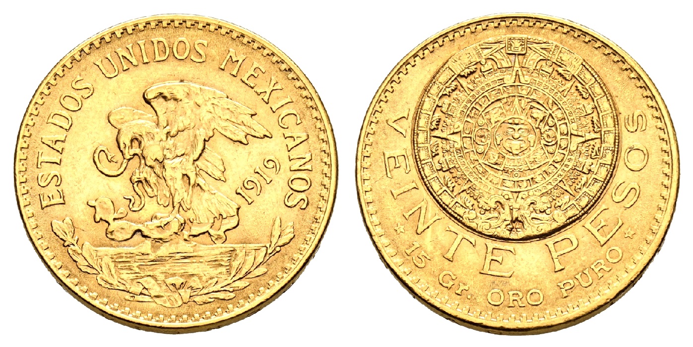 20 Pesos 1919 ! Mexico – Aztécký kalendář